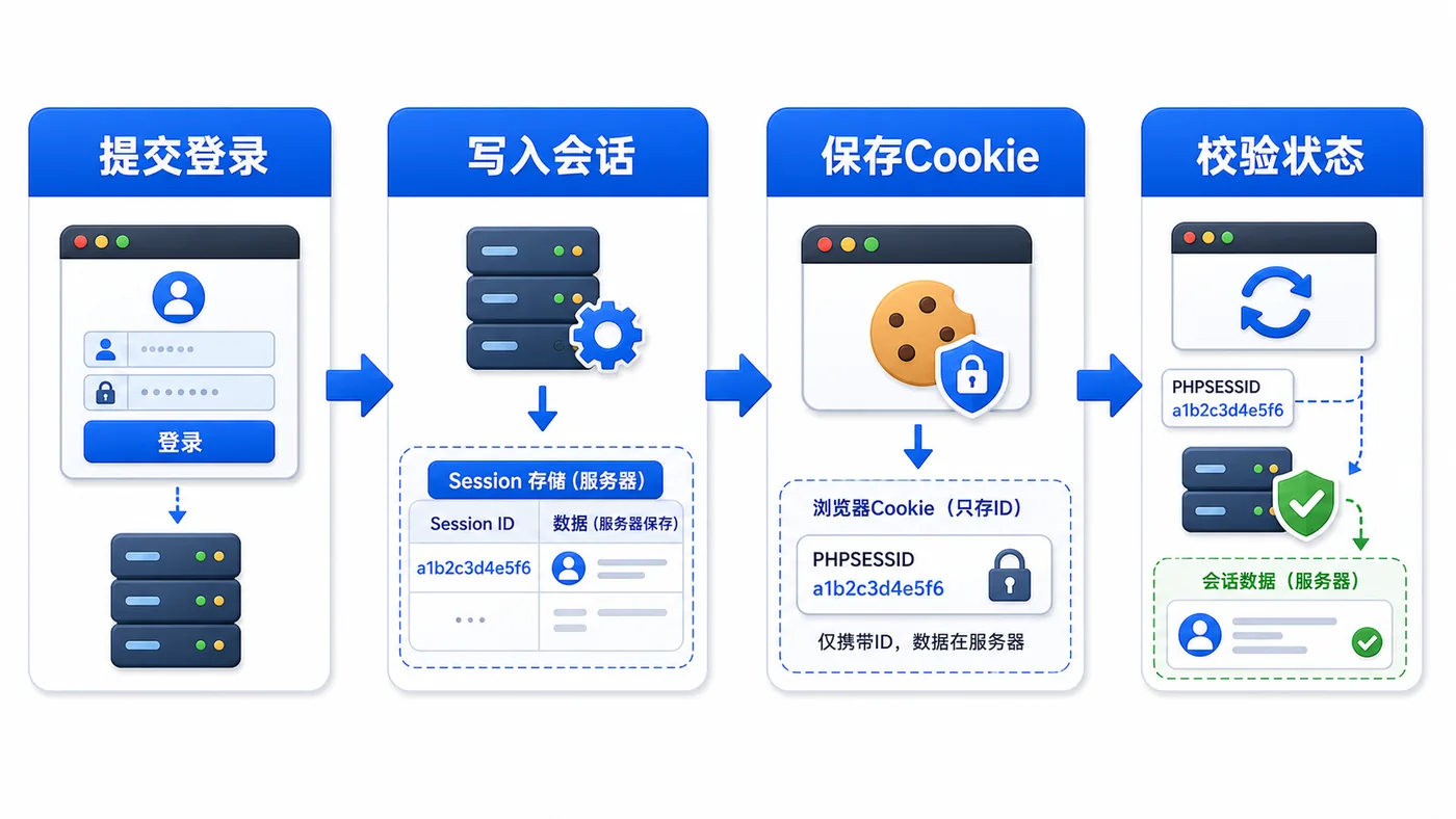 PHP 登录后 Session 写入服务端并通过 Cookie 保存 ID 再校验登录状态的流程