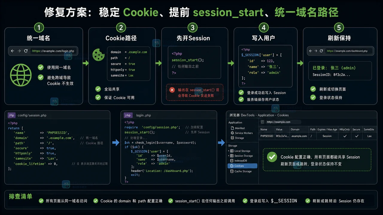 PHP Session 修复方案：统一域名、Cookie 路径、先开 Session、写入用户并刷新保持登录