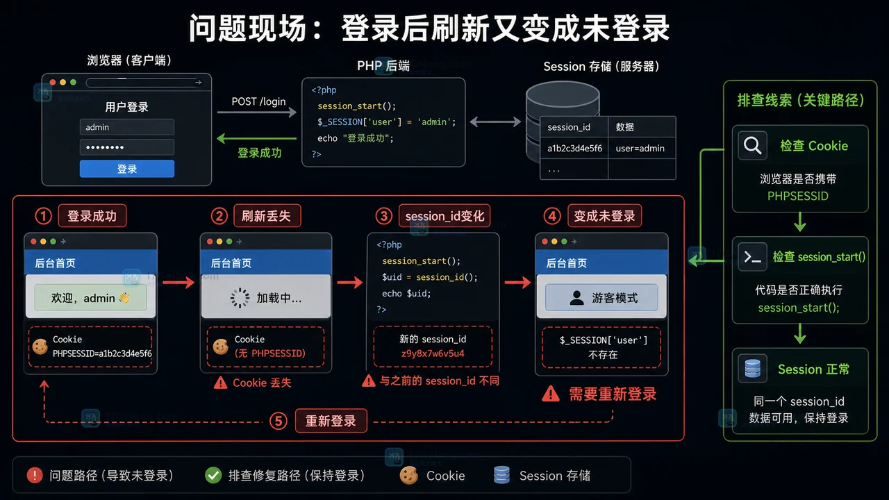 PHP 登录成功后刷新丢失：PHPSESSID Cookie 缺失导致 session_id 改变并变成未登录