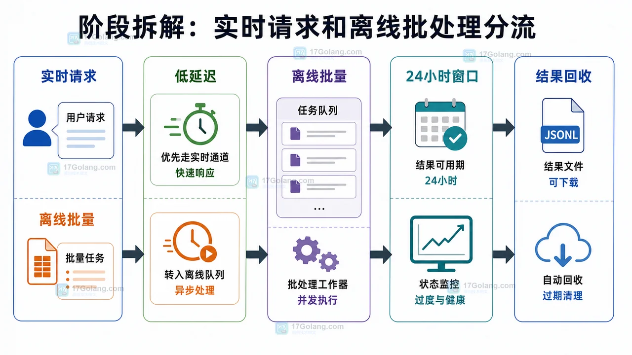 AI 请求在实时低延迟通道和离线批量通道之间分流，并在 24 小时窗口内回收结果的决策图