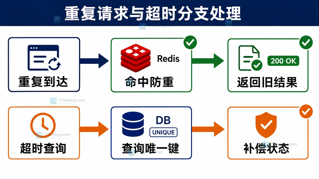 Java 接口幂等中重复请求命中 Redis 返回旧结果，超时后查询唯一键并补偿状态的分支图
