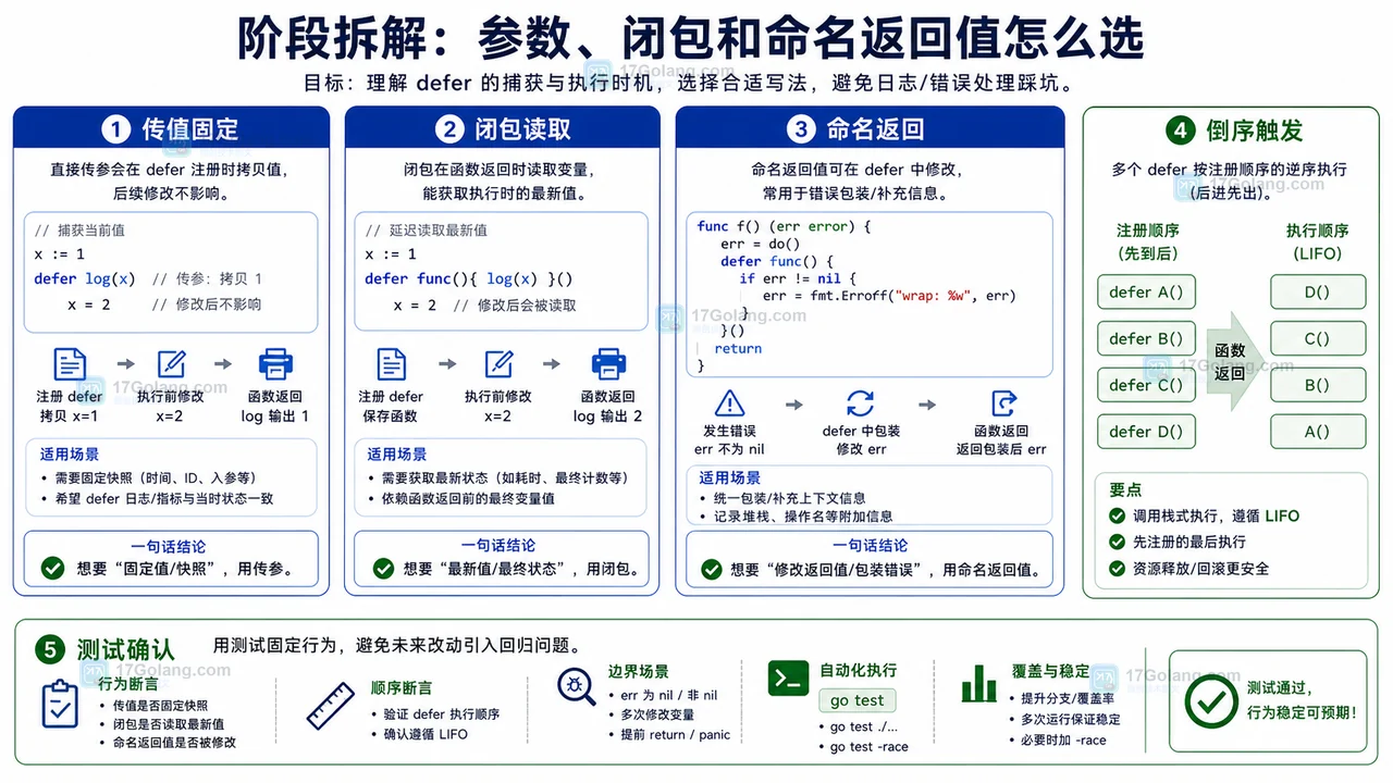 Go defer 传值固定、闭包读取、命名返回、倒序触发和测试确认的选择图