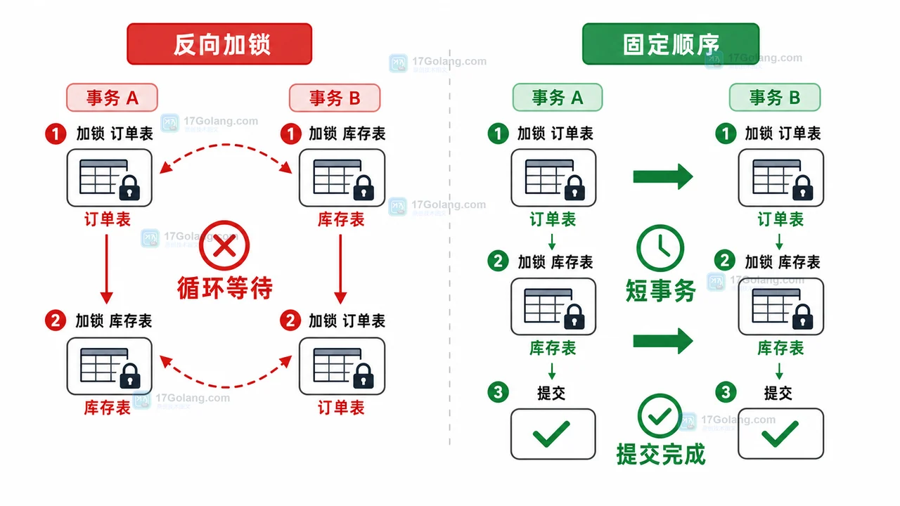 MySQL 反向加锁形成循环等待以及固定顺序短事务提交的对比图