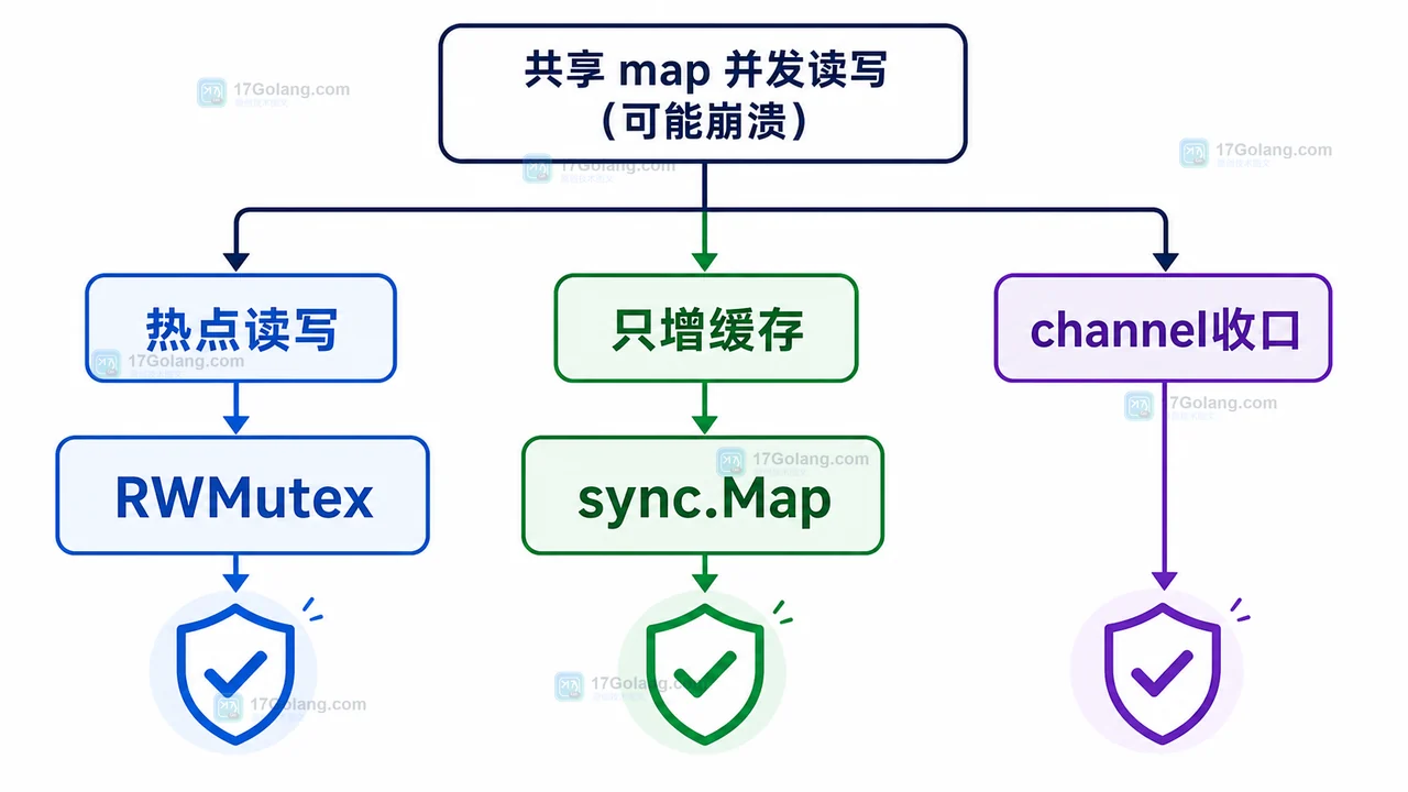 Go 共享 map 在热点读写、只增缓存和 channel 收口三种场景下的选择图