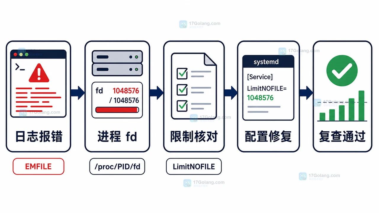 Linux 文件句柄耗尽排查全流程示意图