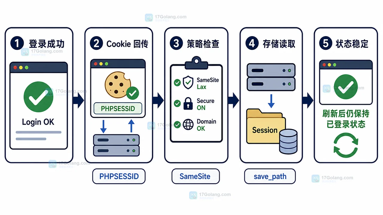 PHP Session 登录态丢失排查全流程示意图