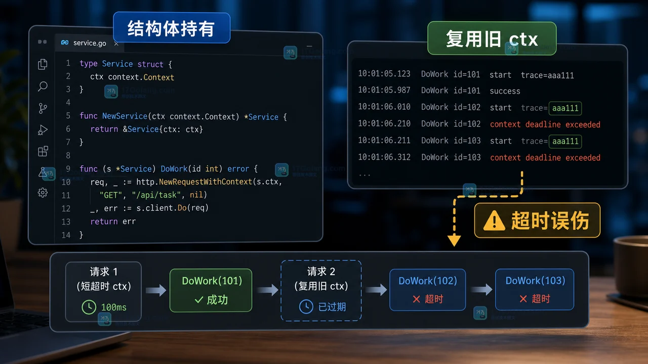 Go 结构体持有旧 context 后复用旧 ctx 并导致超时误伤的反例图