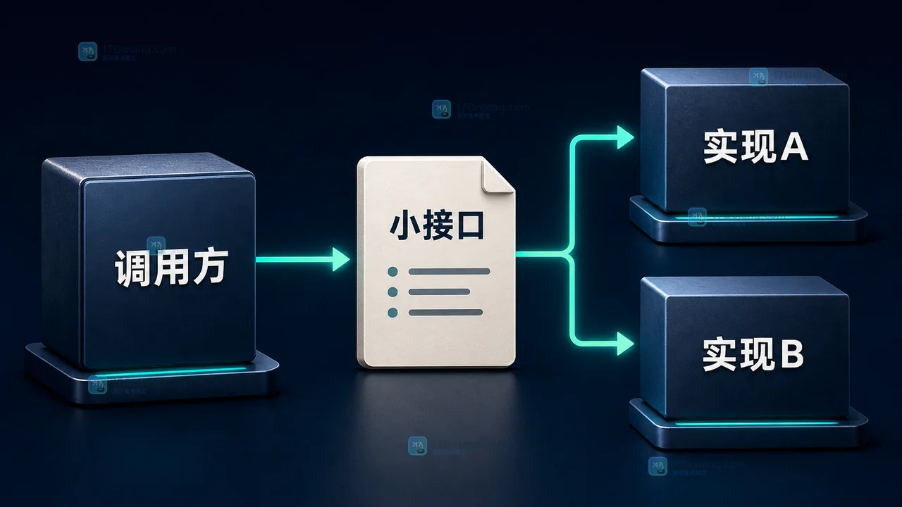 Go 调用方定义小接口并让具体实现自然满足的依赖关系示意图