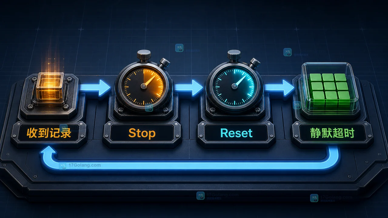 Go Timer 在收到事件、停止旧等待、重置静默窗口和任务退出之间的状态关系图