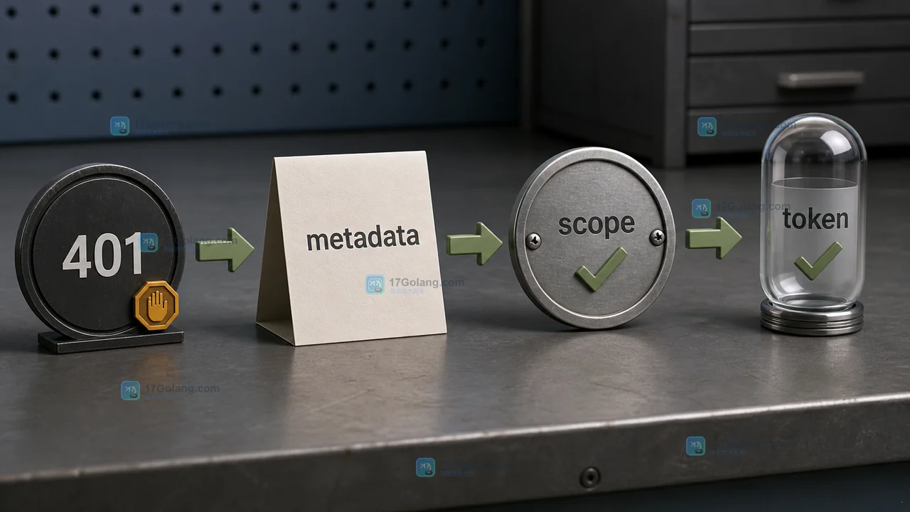 MCP 401 授权排查中 401、metadata、scope 和 token 四个节点的低饱和决策路径图