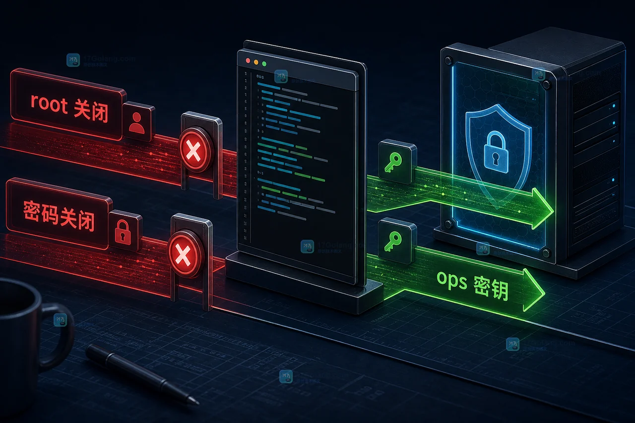 Linux SSH 密钥登录加固的访问边界:root 与密码入口被关闭,deploy 和 ops 白名单账号通过公钥进入服务器