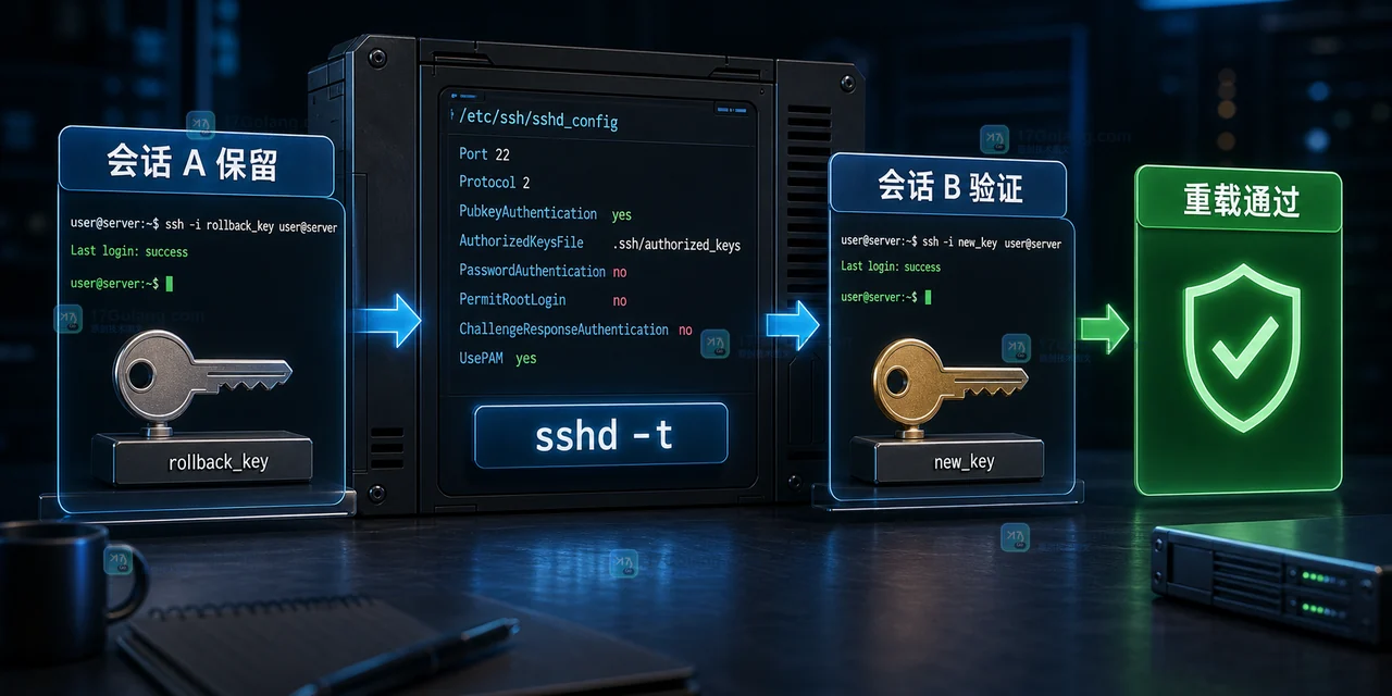 Linux SSH 加固双会话验证流程:会话 A 保留回退权限,会话 B 新建密钥登录,通过后重载,失败则从会话 A 恢复配置