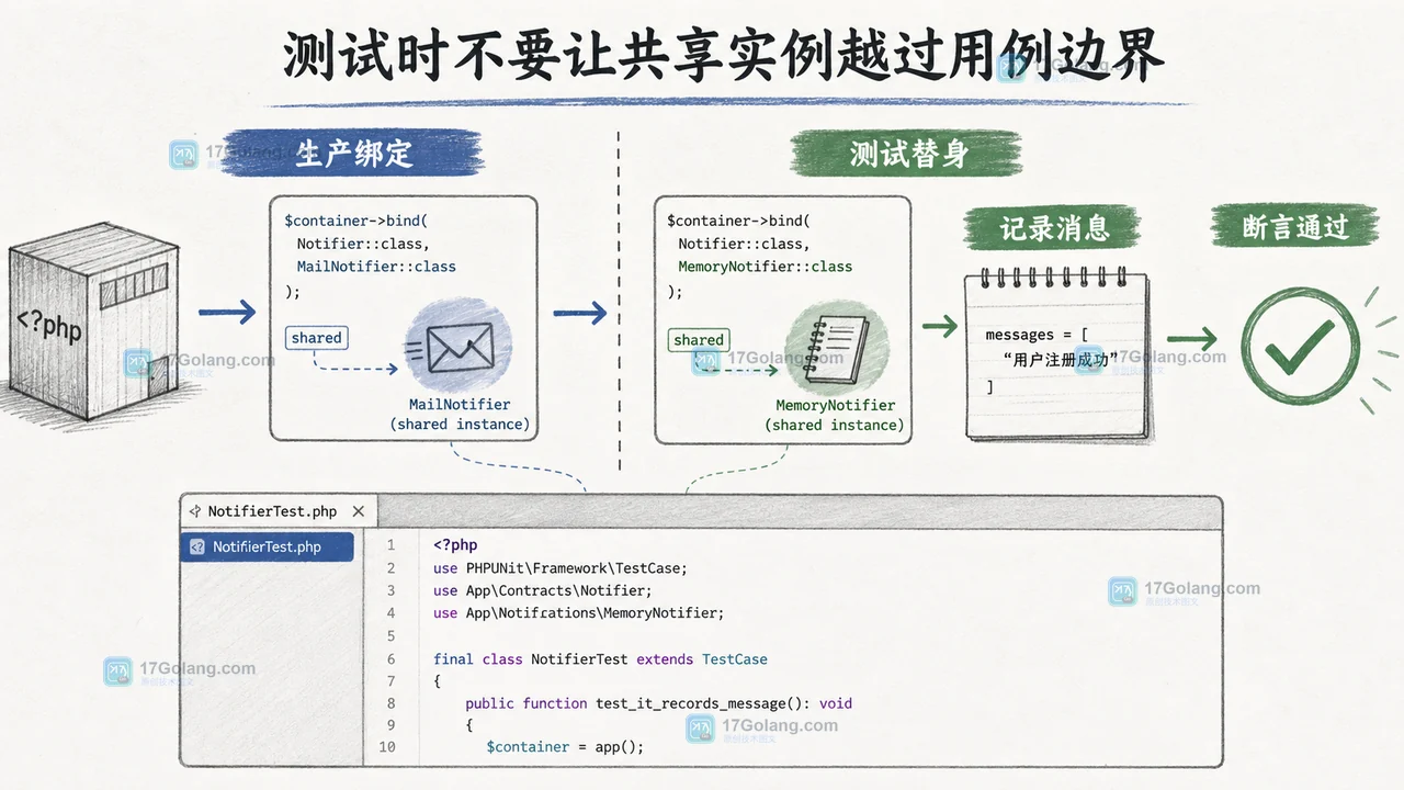 PHP 轻量容器的测试边界:生产环境绑定 MailNotifier,测试环境替换为 MemoryNotifier 并核对消息记录