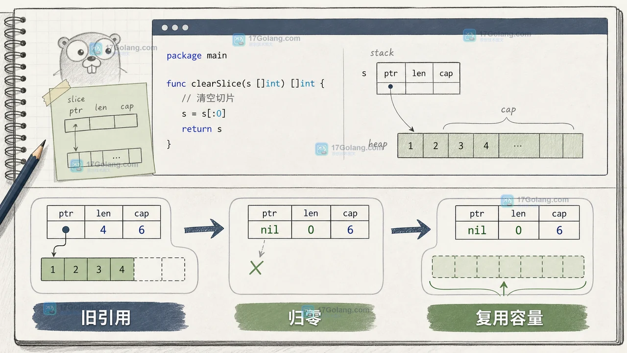Go clear slice 复用边界：旧指针归零、长度归零与容量阈值的对照图