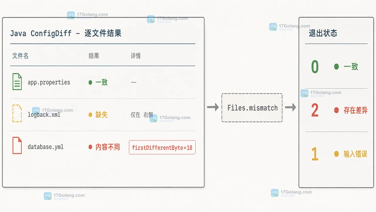 Java ConfigDiff 输出缺失文件、额外文件和 firstDifferentByte 差异报告，并以退出状态区分结果