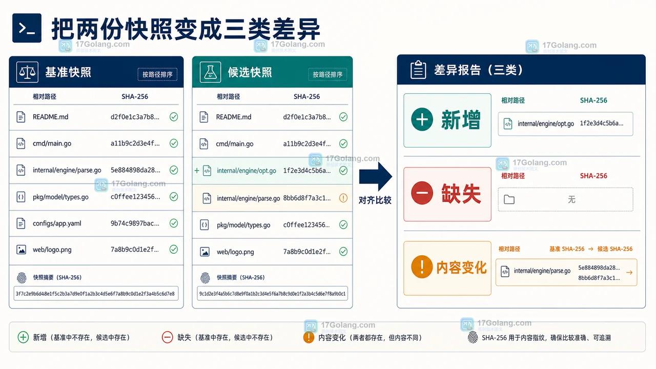 Go 用 io/fs 做配置目录快照：过滤、排序与差异报告小工具