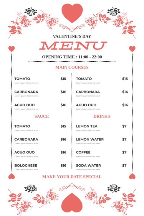 菜单模板：Valentine Pasta Menu（由InfoART的Menu标记创建）