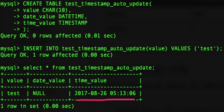 mysql会自动给timestamp列赋当前时间值