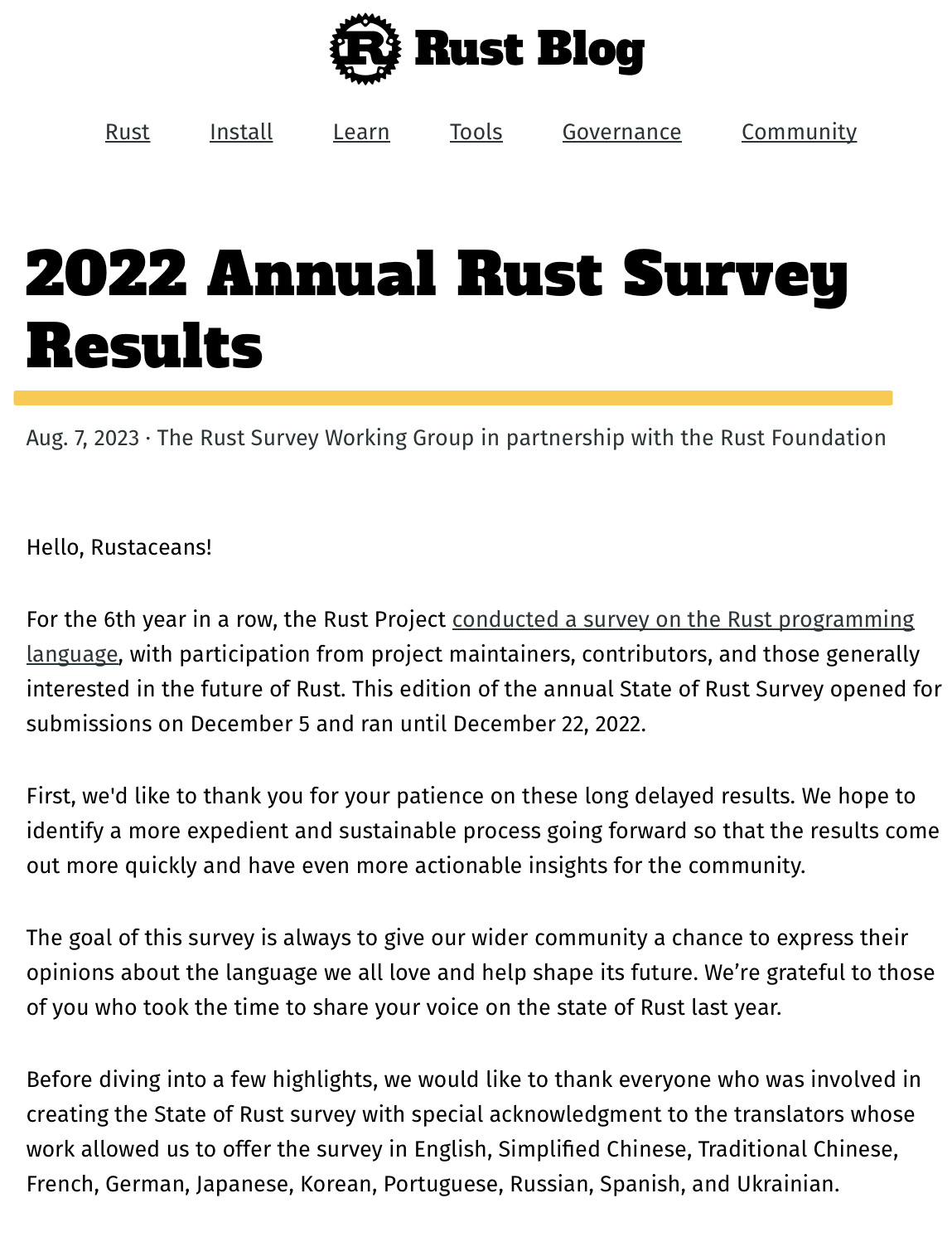 Rust 基金会发布 2022 年度调查报告:近半数用户每天使用 Rust 语言,三成用户认为学习成本相对较高