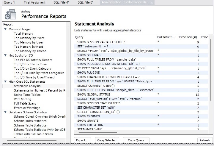 Mysql Workbench 中的性能报告控件