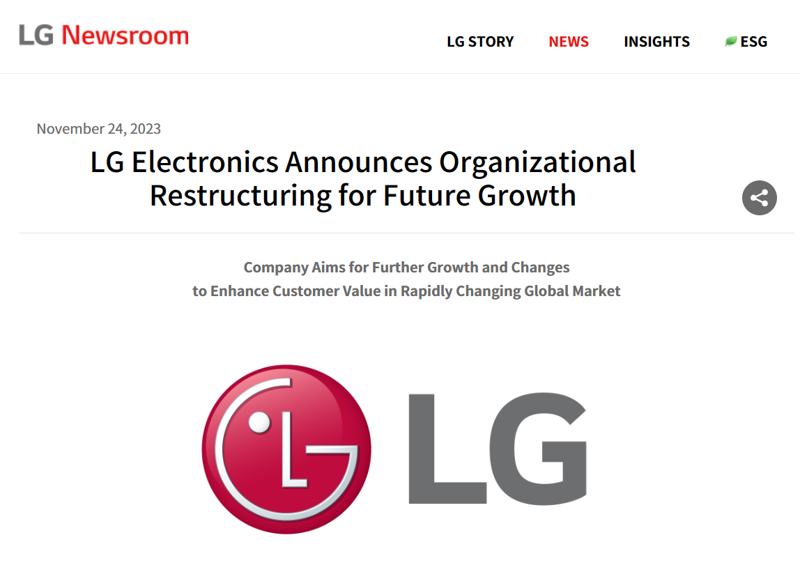 LG 电子宣布公司重组:加强海外销售营销,成立 webOS 软件开发小组