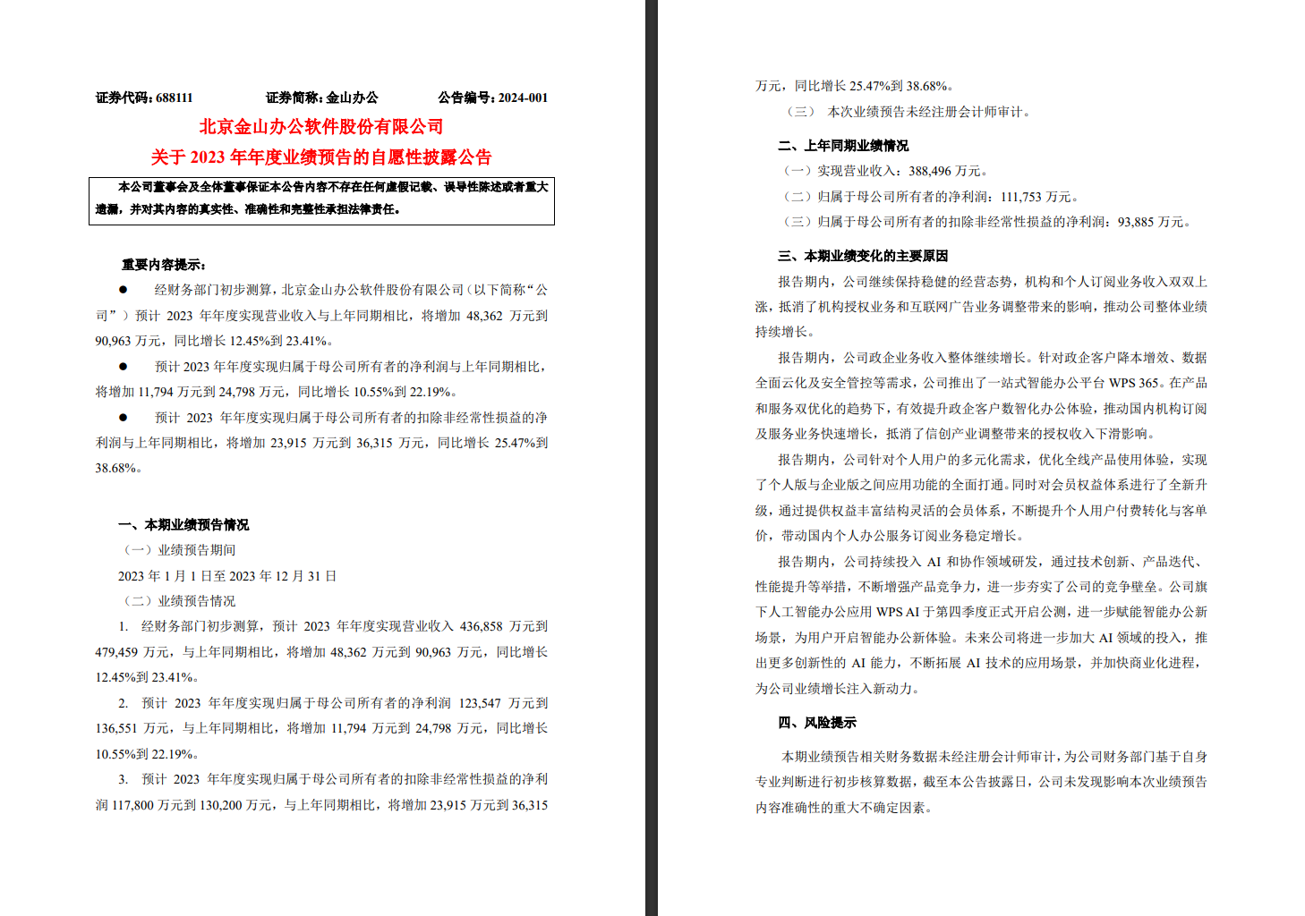 金山办公：预计 2023 年净利润 12.35 亿-13.66 亿元，同比增幅 10.55%-22.19%