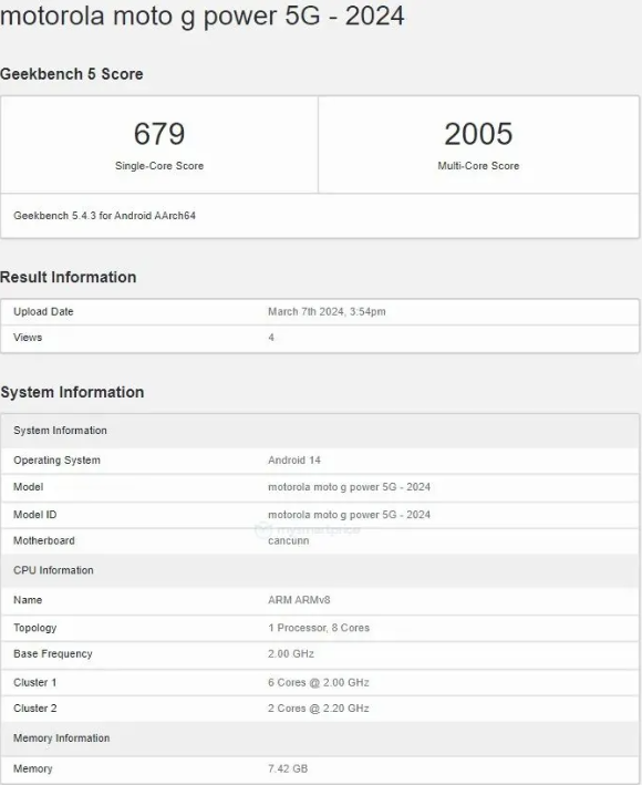 2024款Moto G Power 5G手机GeekBench跑分曝光，性能表现抢眼