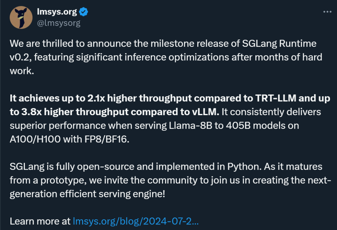 贾扬清点赞：3K star量的SGLang上新，加速Llama 405B推理秒杀vLLM、TensorRT-LLM