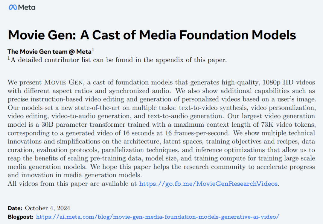 Meta又给OpenAI一记重击，视频生成Movie Gen震撼登场，甚至可以配音、编辑