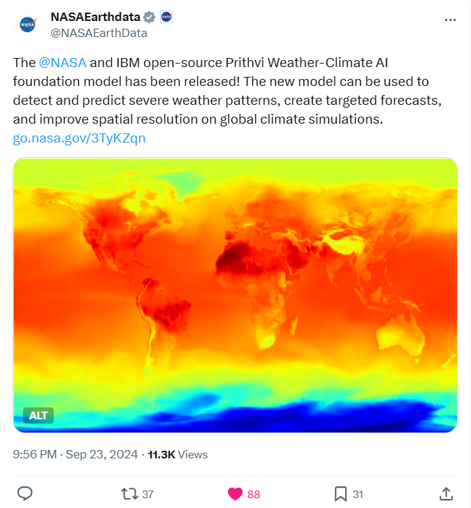 23亿参数，Transformer架构，NASA、IBM发布「天气+气候」通用AI模型Prithvi WxC