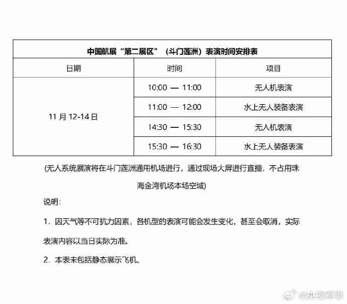 第十五届中国航展飞行表演时刻表公布，含歼 20、歼 35 等众多机型