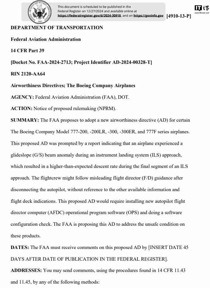 波音 777 再次出现隐患，美国 FAA 发布最新适航指令