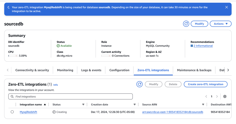 RDS MySQL 与 Redshift 零 ETL 集成