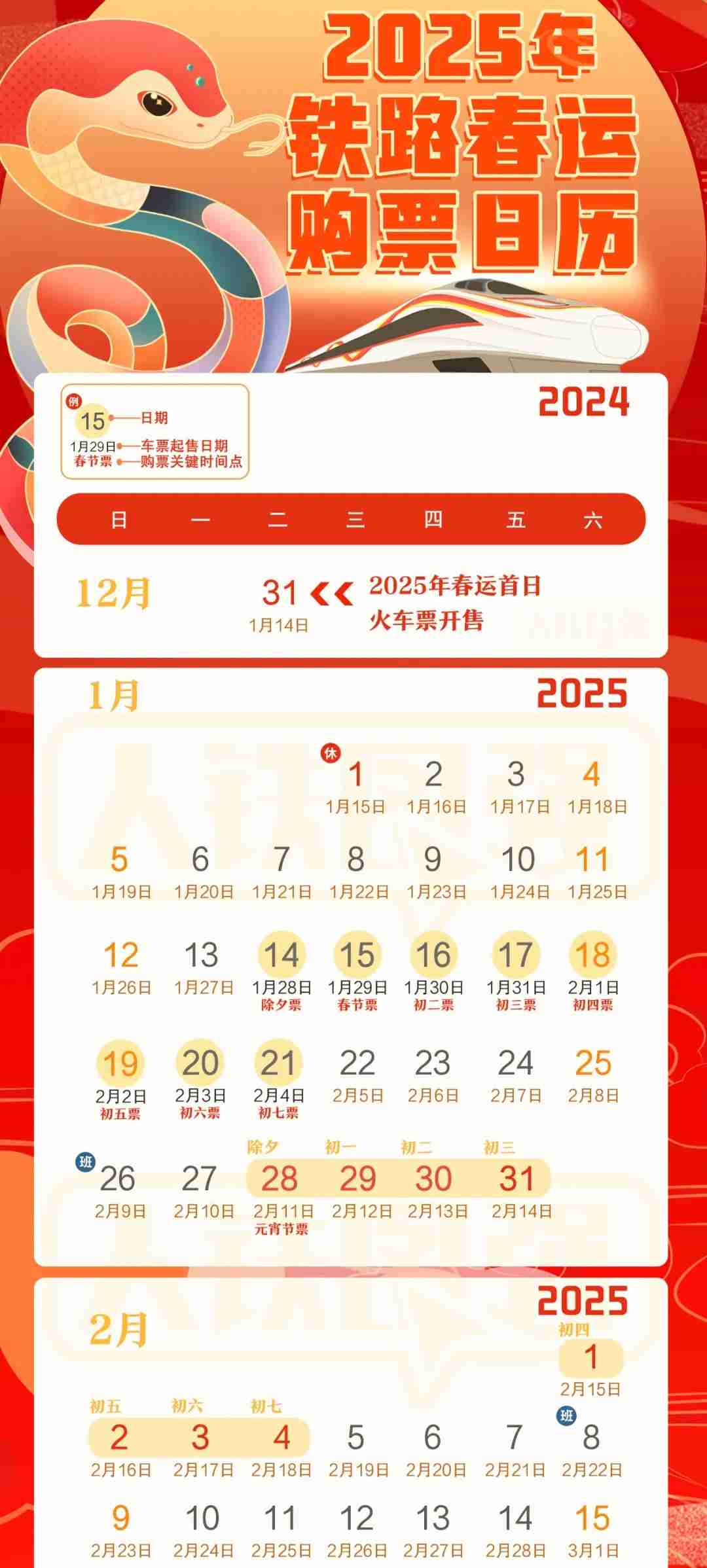 国铁 2025 年春运 1 月 14 日启动，12 月 31 日开售首日火车票