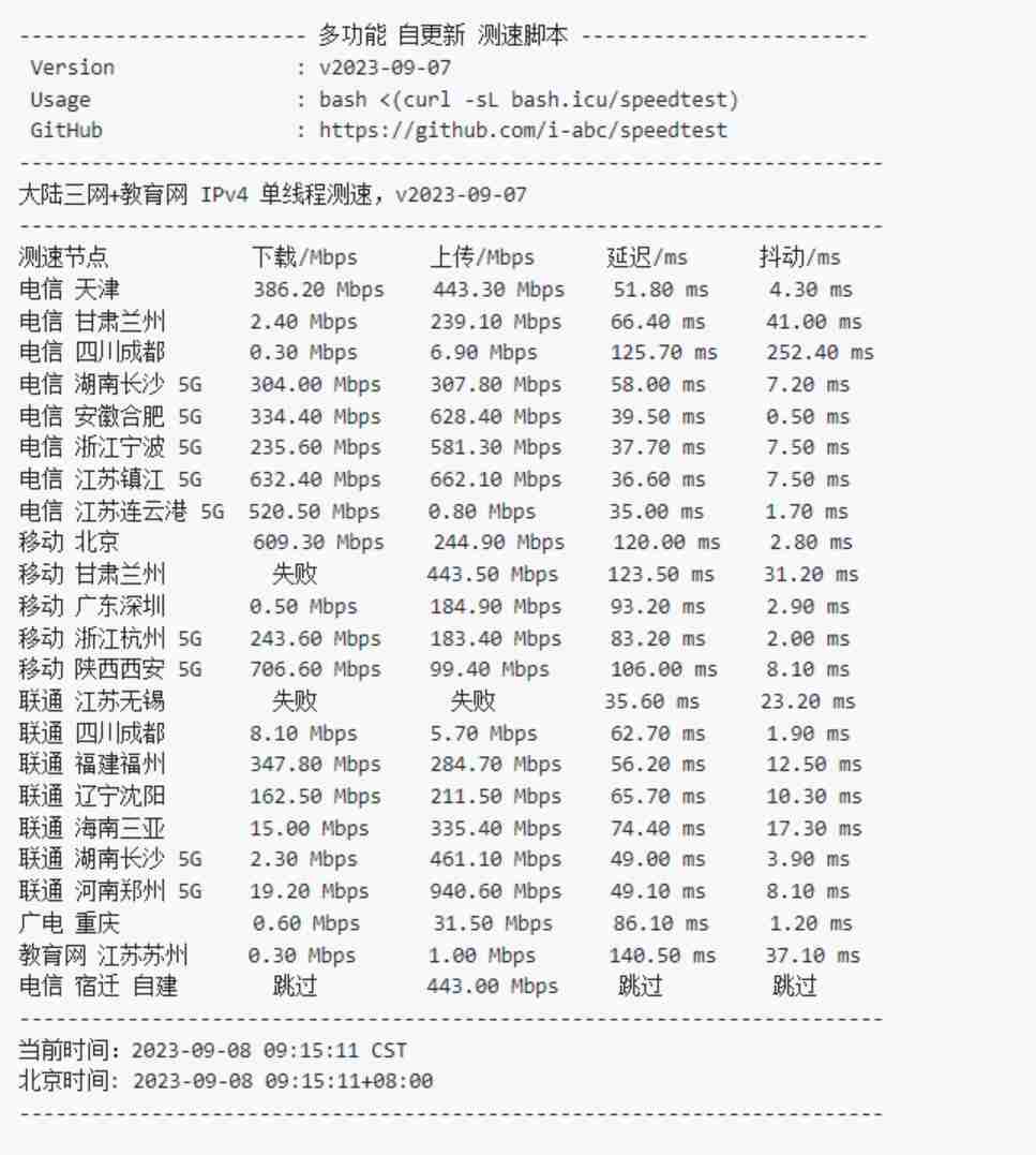 Linux多功能测速脚本，多节点测速，三网测速