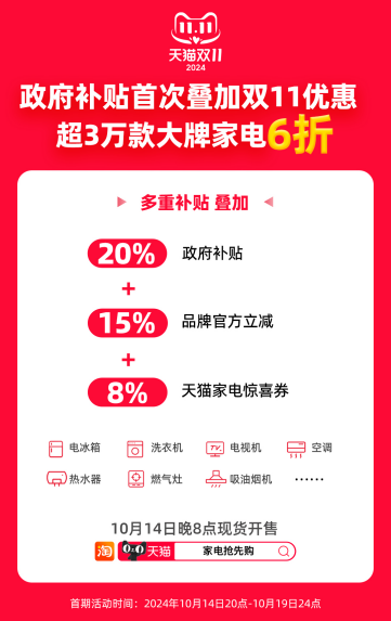 激发家电以旧换新消费，双11天猫联合品牌投入60亿元加码补贴