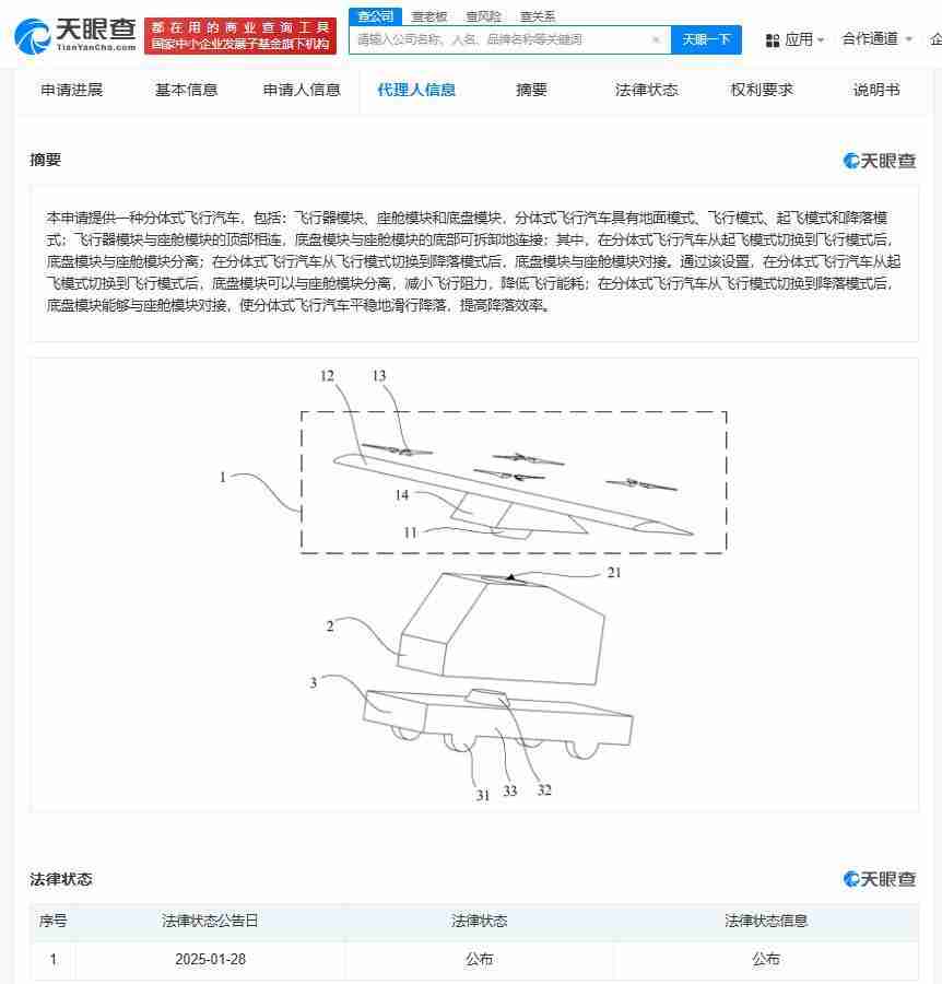 清华大学奇瑞汽车分体式飞行汽车专利公布