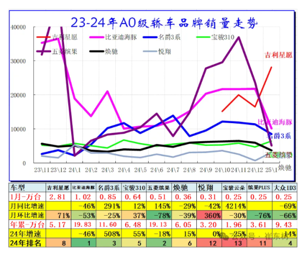 中国A0级轿车市场全面电动化 1月批发销量超7.9万辆