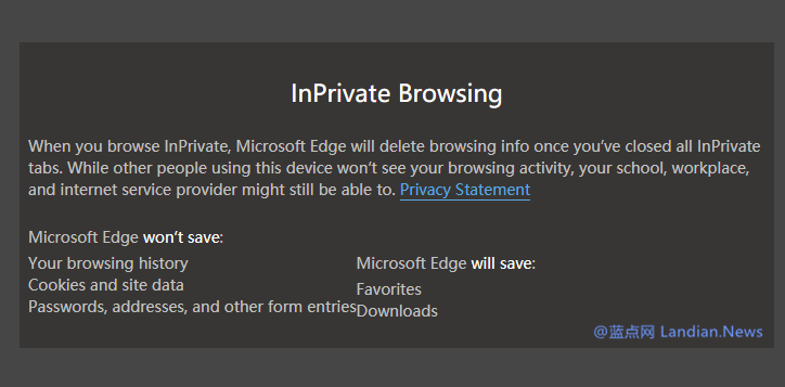 微软改进Win10 Edge隐身模式：哪些数据关闭窗口后会被丢弃