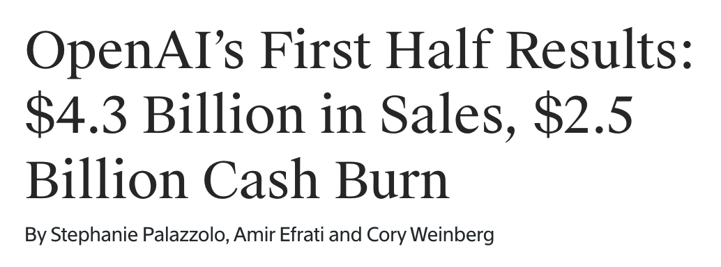 OpenAI 上半年业绩:销售额 43 亿美元、现金消耗 25 亿美元