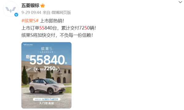 五菱缤果S上市15天累计销量突破15000台 6.68万元起！