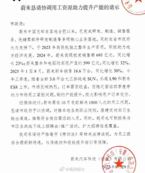 蔚来发布协调用工资源助力提产请示 10月底新招1000人
