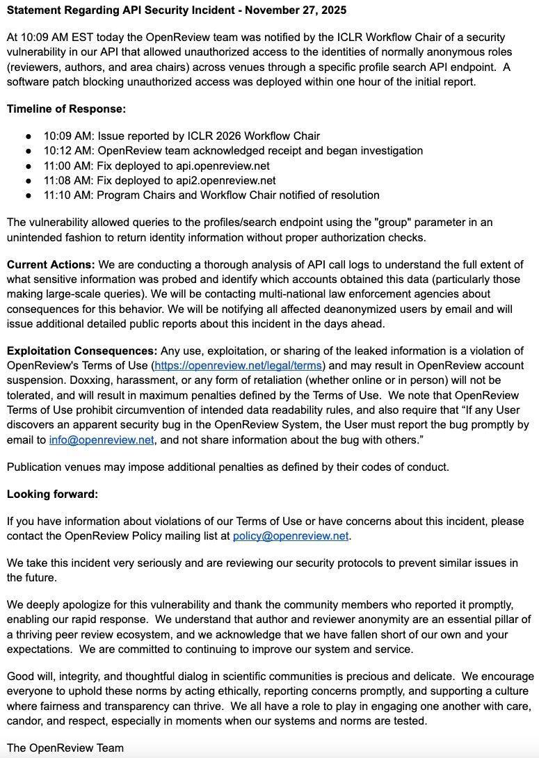 OpenReview 平台因 API 接口存在未授权访问漏洞,导致审稿人数据可公开访问
