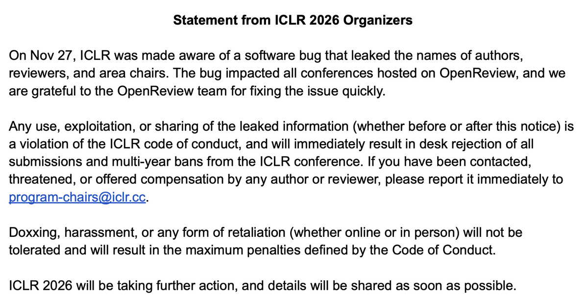 OpenReview 平台因 API 接口存在未授权访问漏洞,导致审稿人数据可公开访问