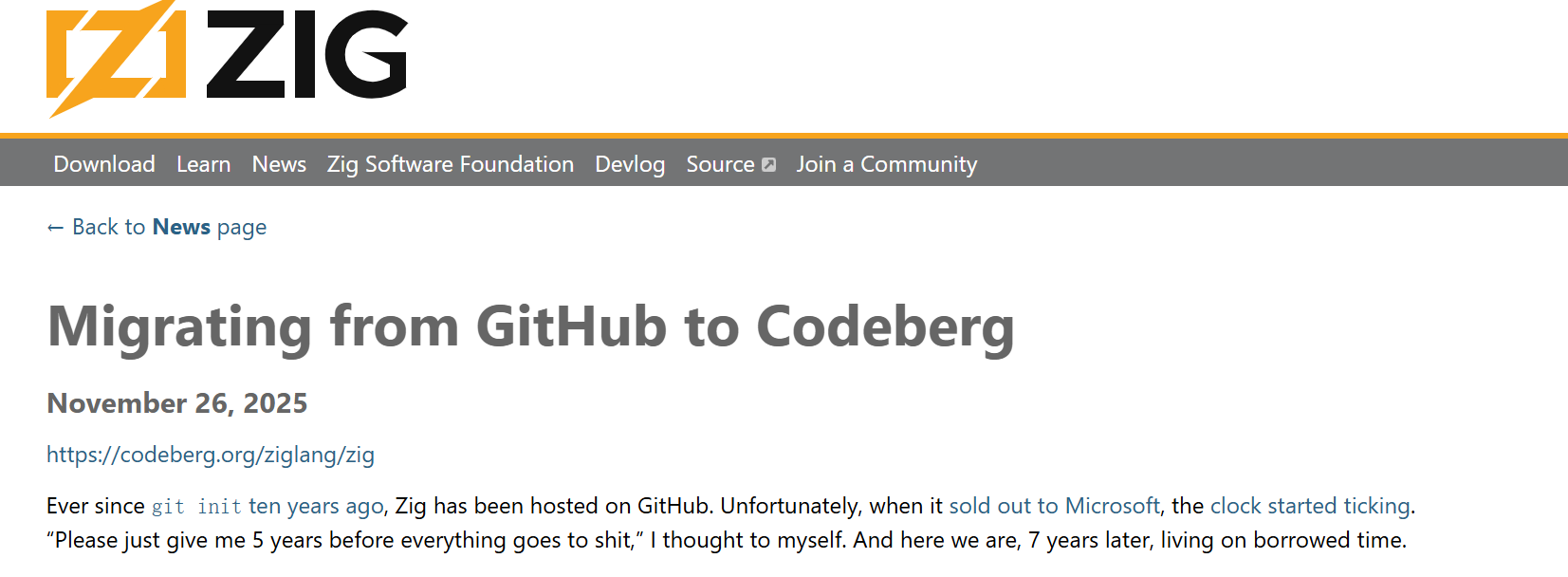 明显 Bug 拖三年不修,Zig 宣布从 GitHub 迁移至 Codeberg