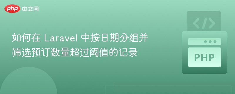 如何在 Laravel 中按日期分组并筛选预订数量超过阈值的记录
