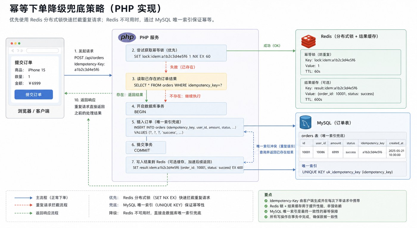 PHP 幂等下单 Redis 锁和 MySQL 唯一索引兜底策略