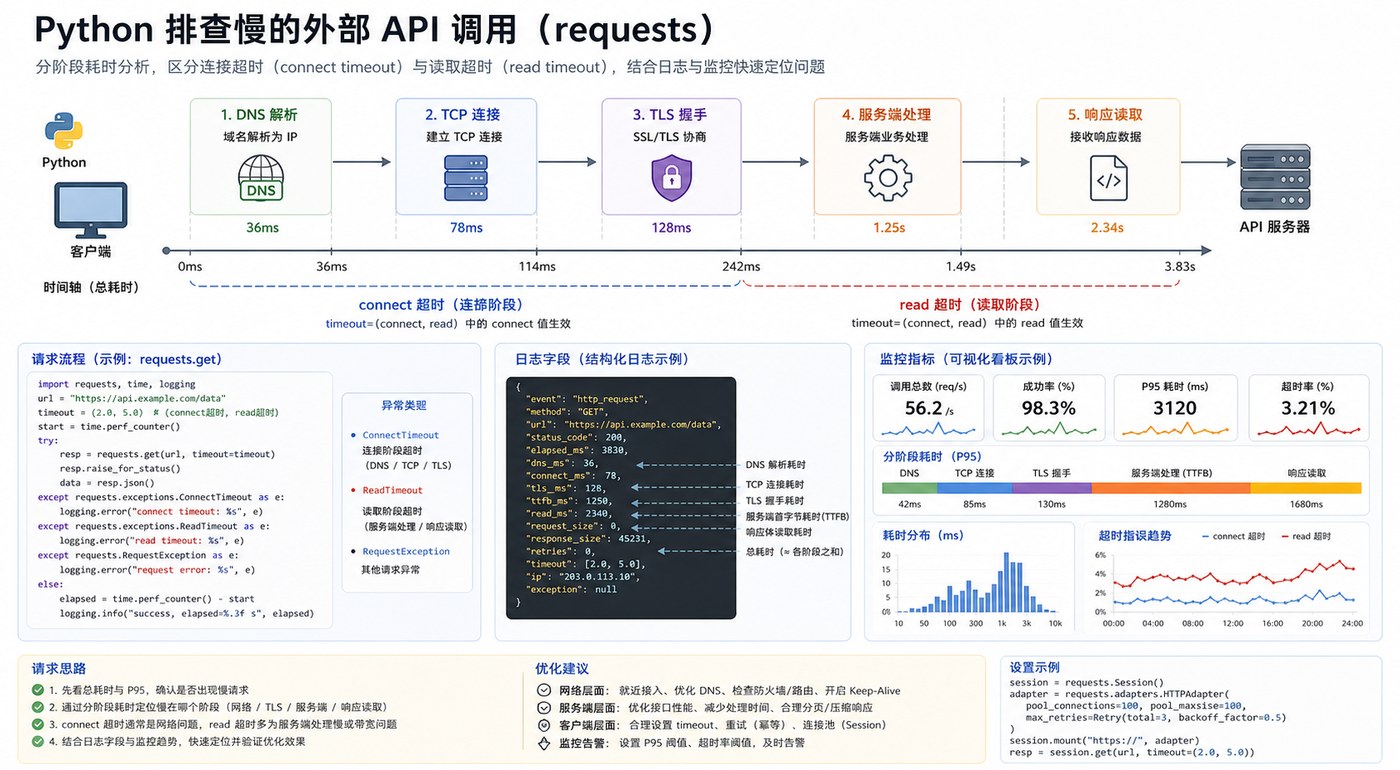 Python requests 外部 API 慢调用分段排查图