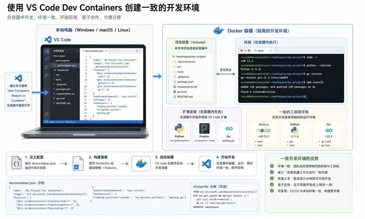 VS Code Dev Containers 一致开发环境工作流