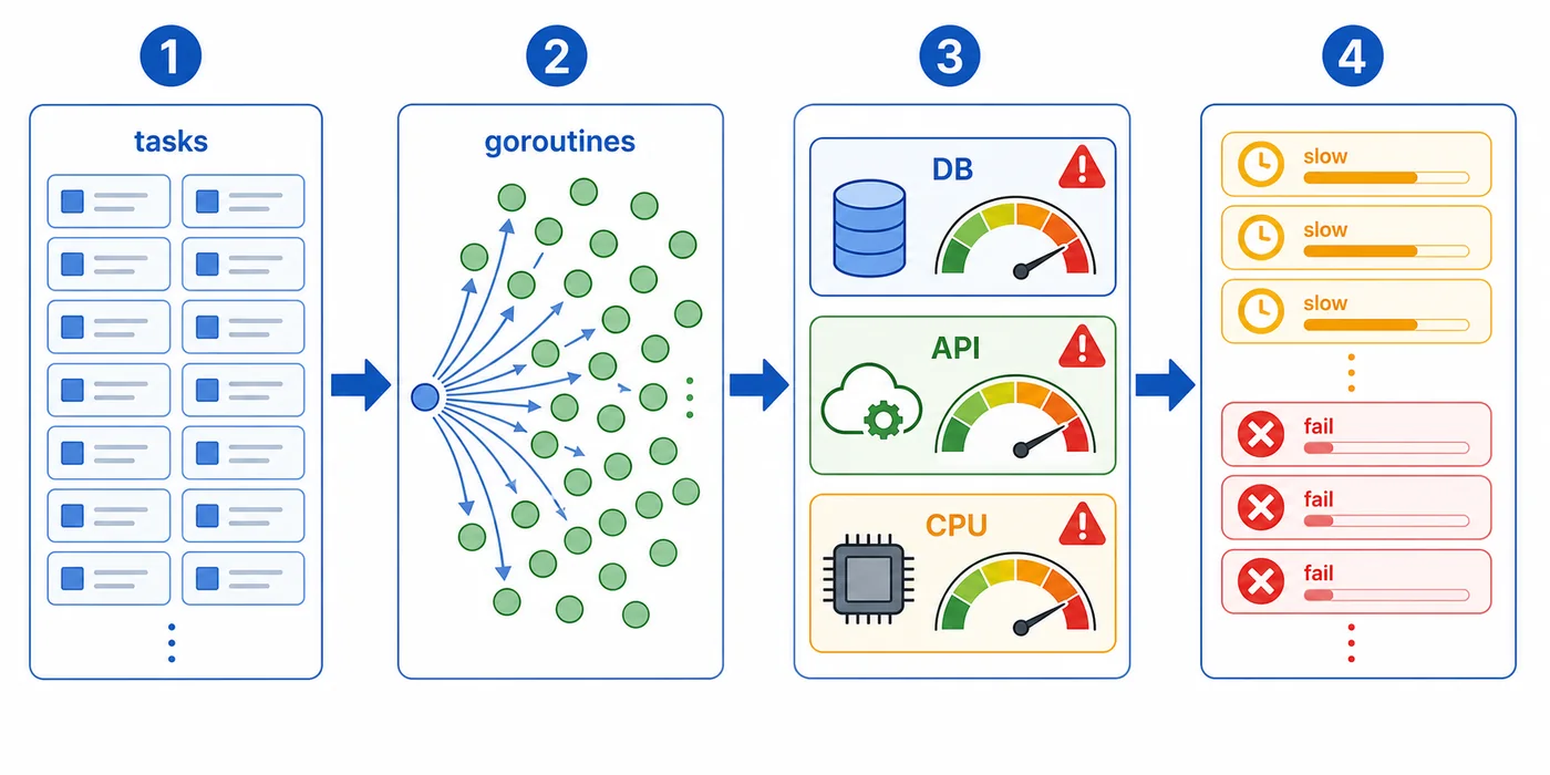 Go 每个任务都启动 goroutine 导致下游资源被打满的逻辑图